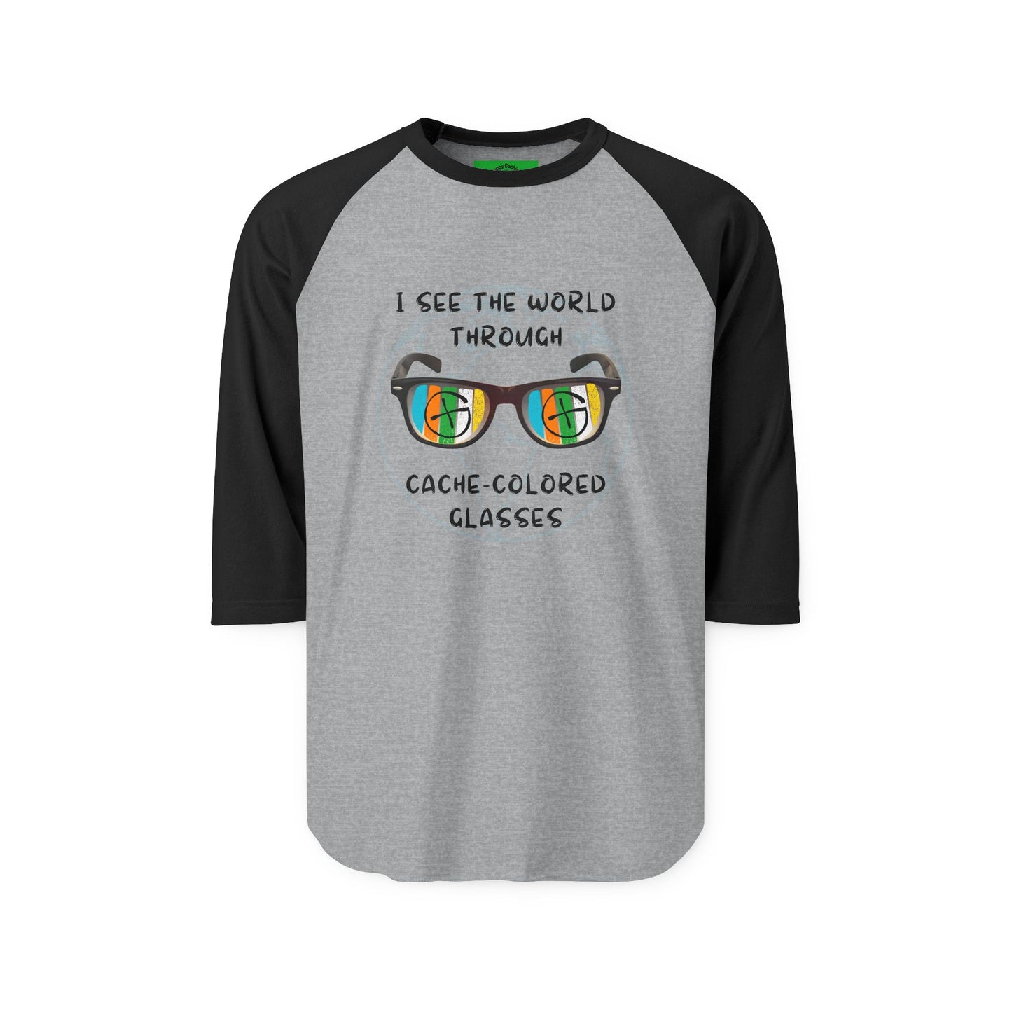 I See The World Through Cache-Colored Glasses, Retro Geocache T-shirt, Adult, Unisex, Funny Geocaching T-shirt, Three Quarter sleeve