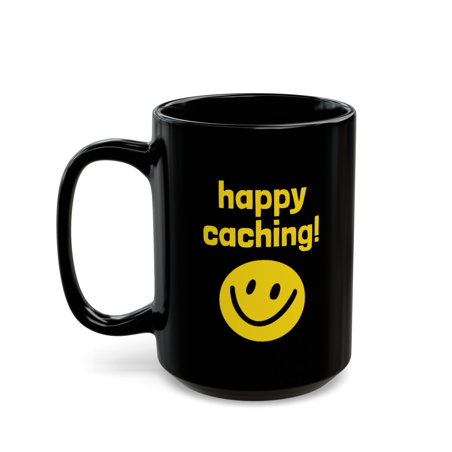 Happy Caching Geocaching Ceramic Mug, (11oz, 15oz) Black, Geocache Gift, Coffee Cup