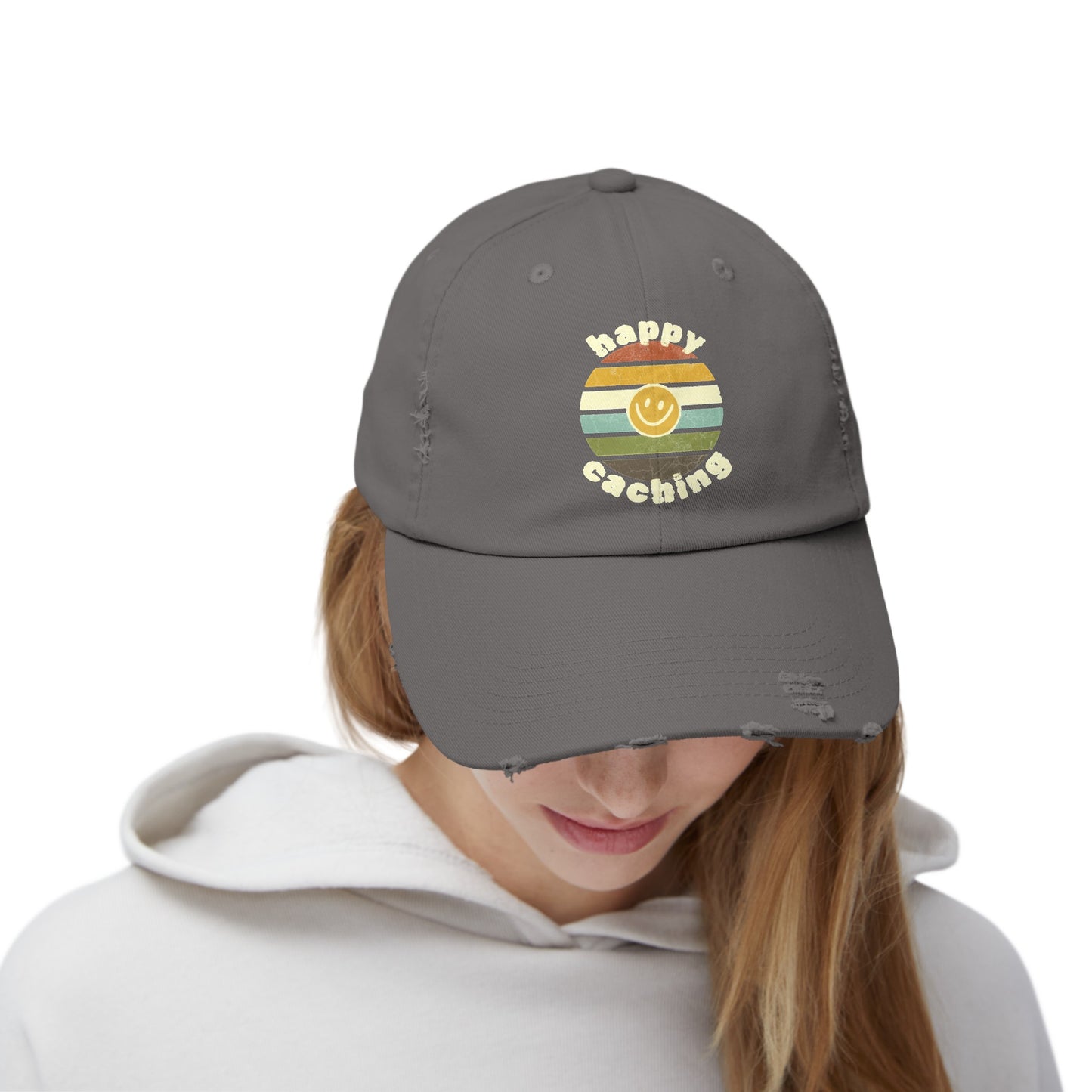 Happy Caching Geocache Distressed Cap, Geocaching Hat, One Size Fits All, Adjustable Distressed Geocache Cap, Geocache Gift