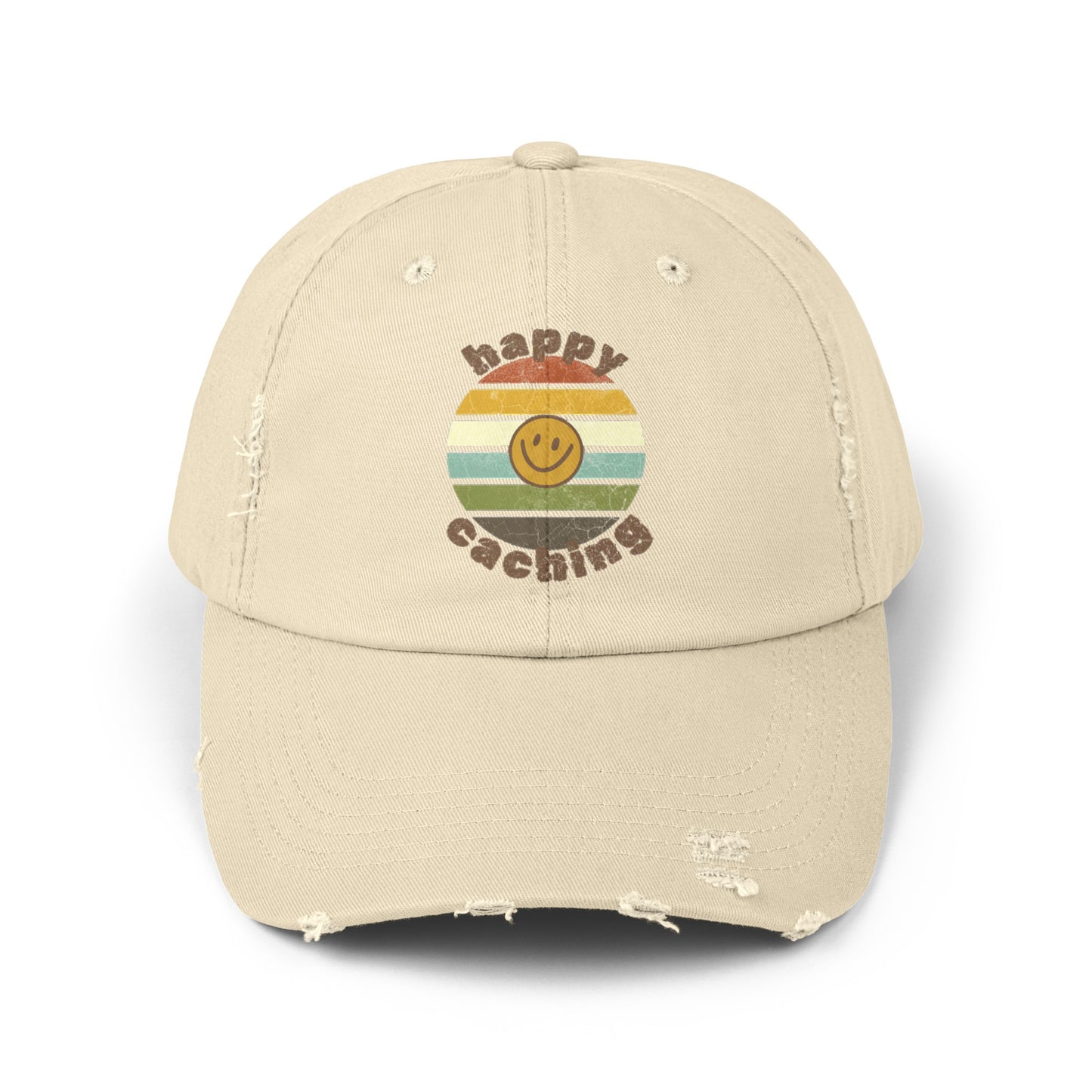 Happy Caching Geocache Distressed Cap, Geocaching Hat, One Size Fits All, Adjustable Distressed Geocache Cap, Geocache Gift