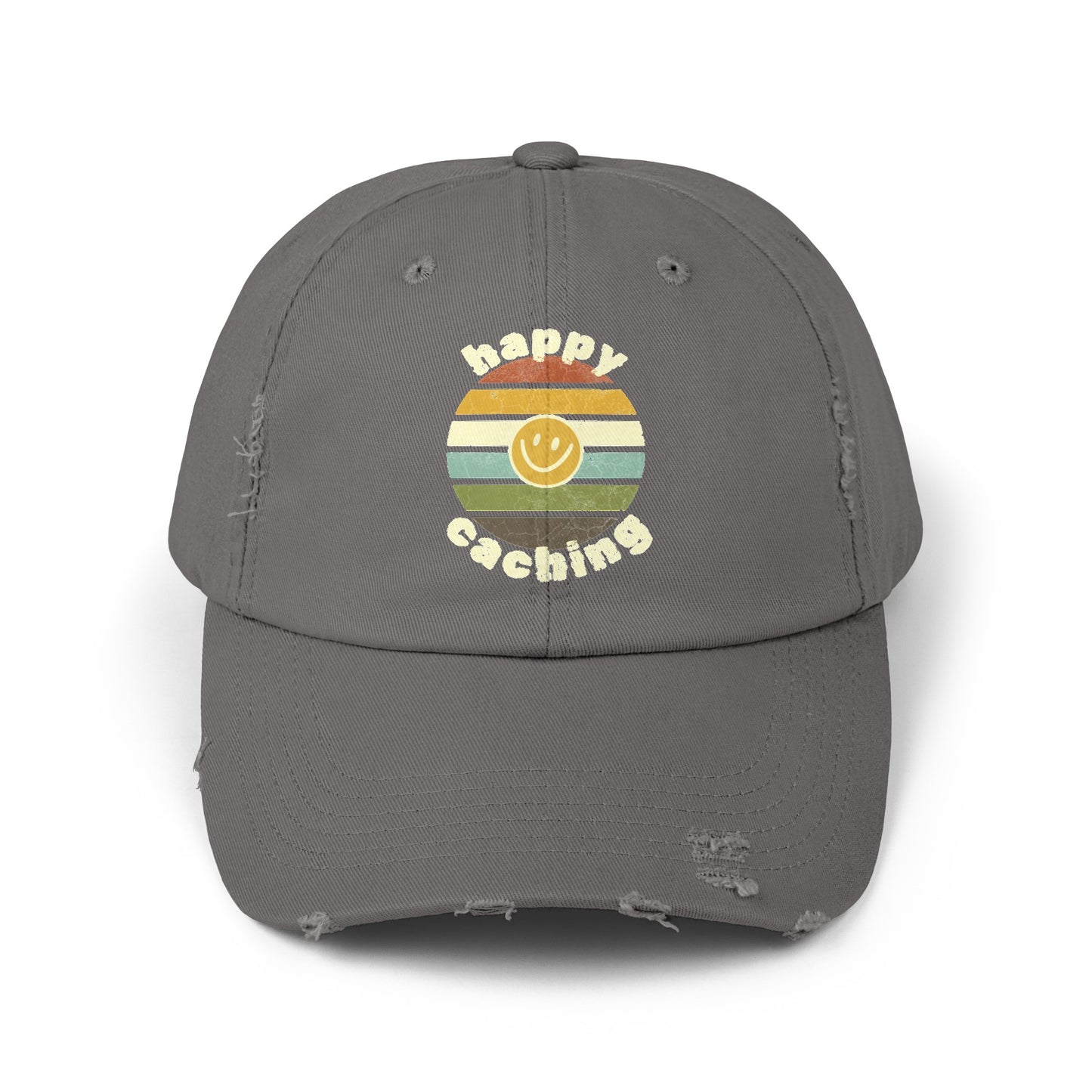 Happy Caching Geocache Distressed Cap, Geocaching Hat, One Size Fits All, Adjustable Distressed Geocache Cap, Geocache Gift