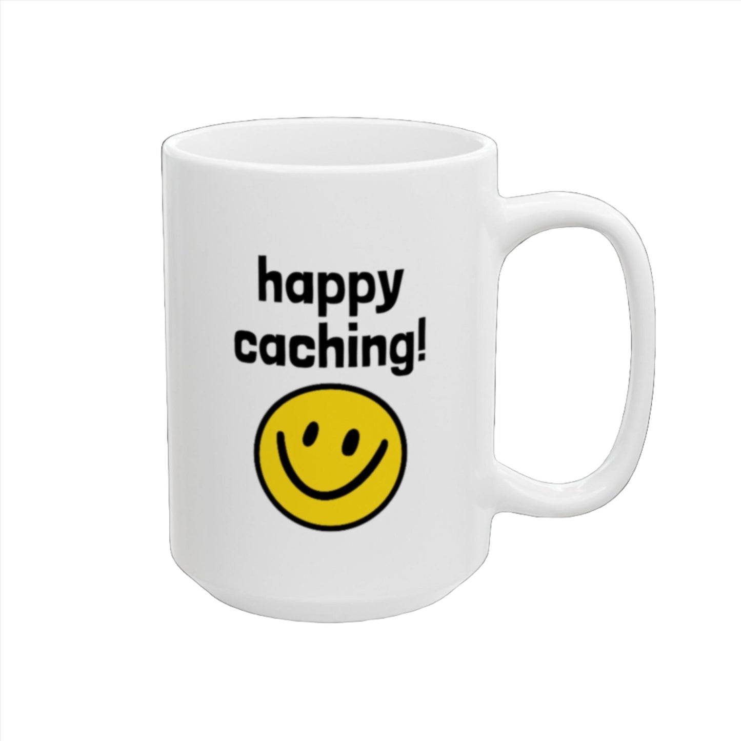 Happy Caching Geocaching Ceramic Mug, (11oz, 15oz) White, Geocache Gift Coffee Cup