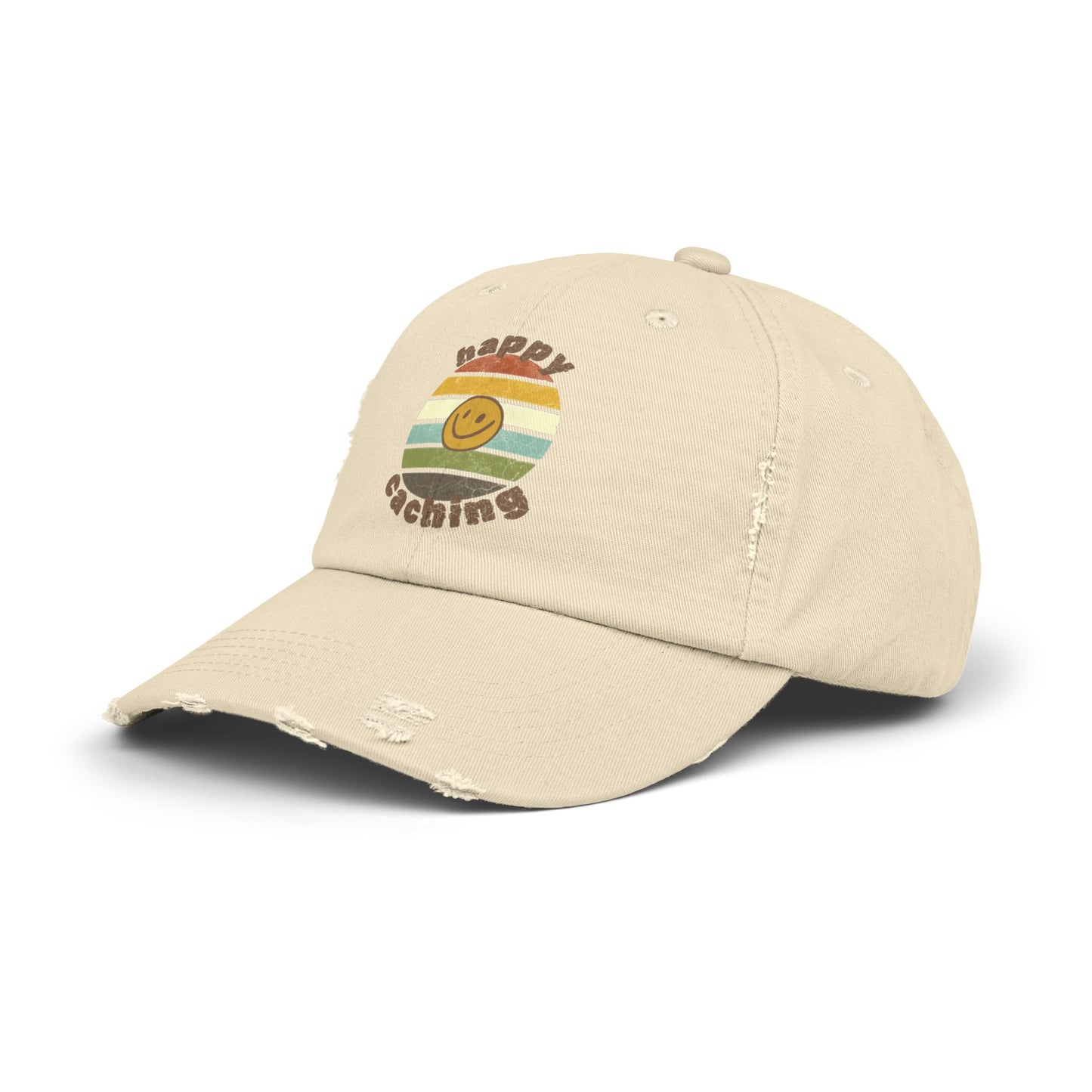 Happy Caching Geocache Distressed Cap, Geocaching Hat, One Size Fits All, Adjustable Distressed Geocache Cap, Geocache Gift