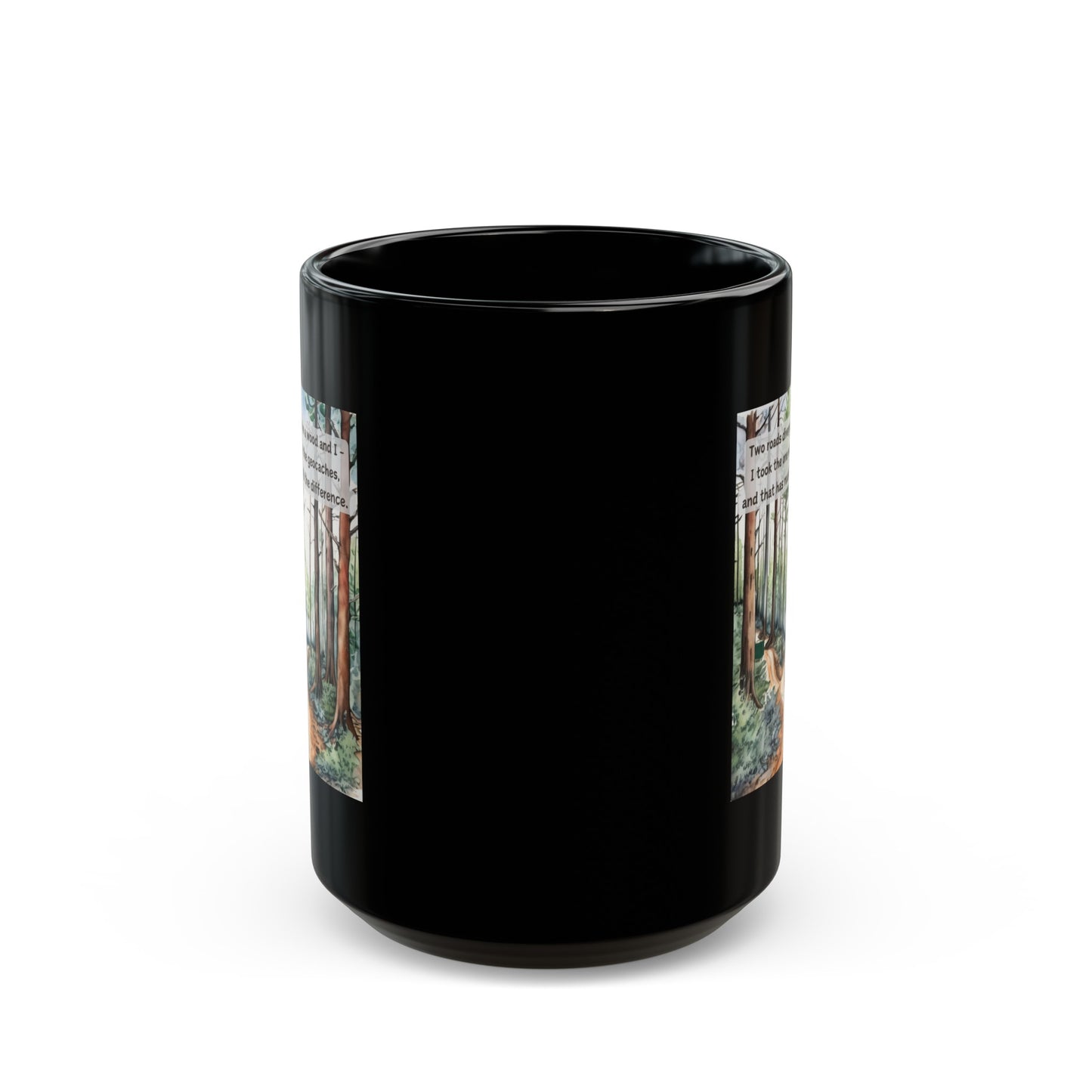 Two Roads Diverged Geocaching Ceramic Mug, (11oz, 15oz) Black, Geocache Gift, Coffee Cup