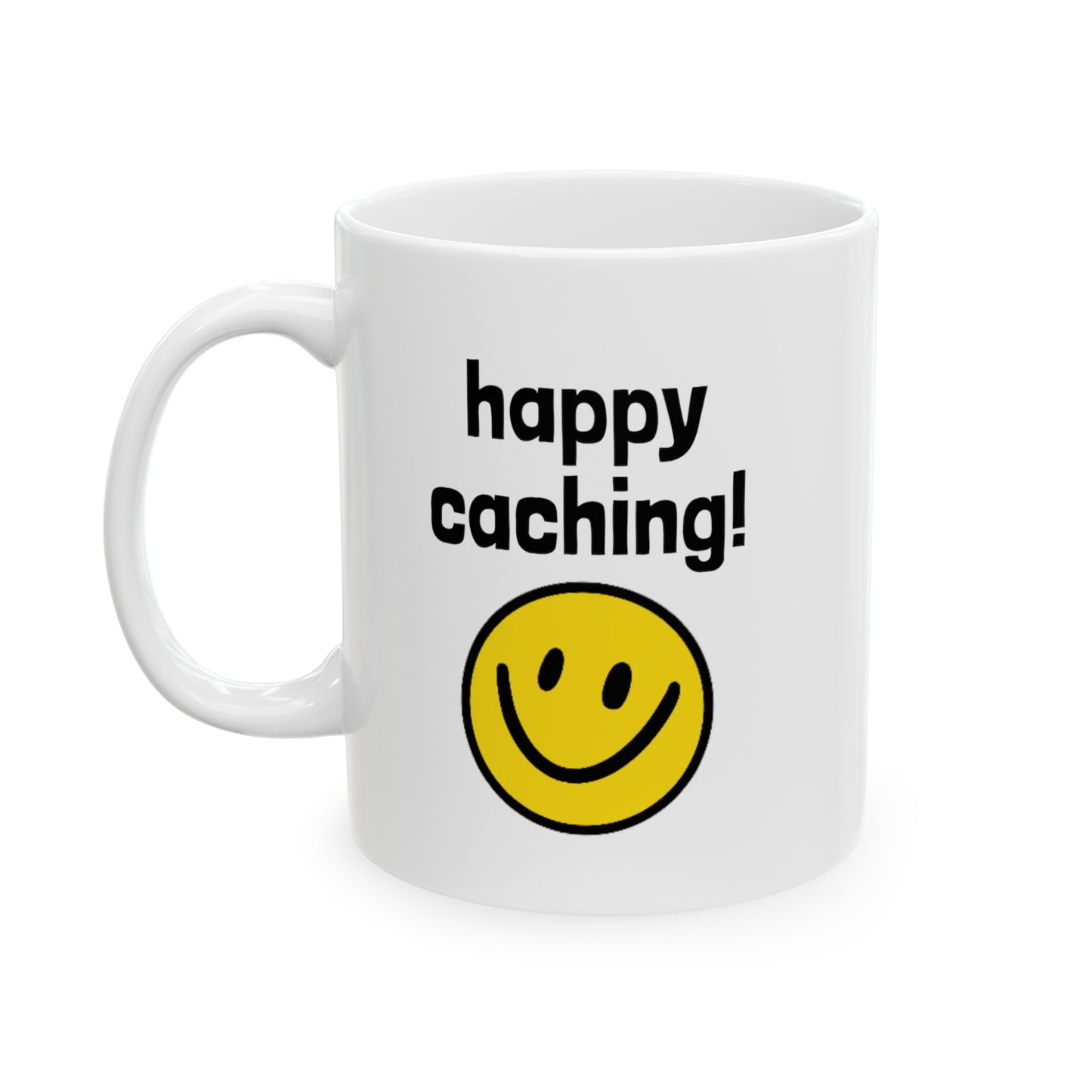 Happy Caching Geocaching Ceramic Mug, (11oz, 15oz) White, Geocache Gift Coffee Cup