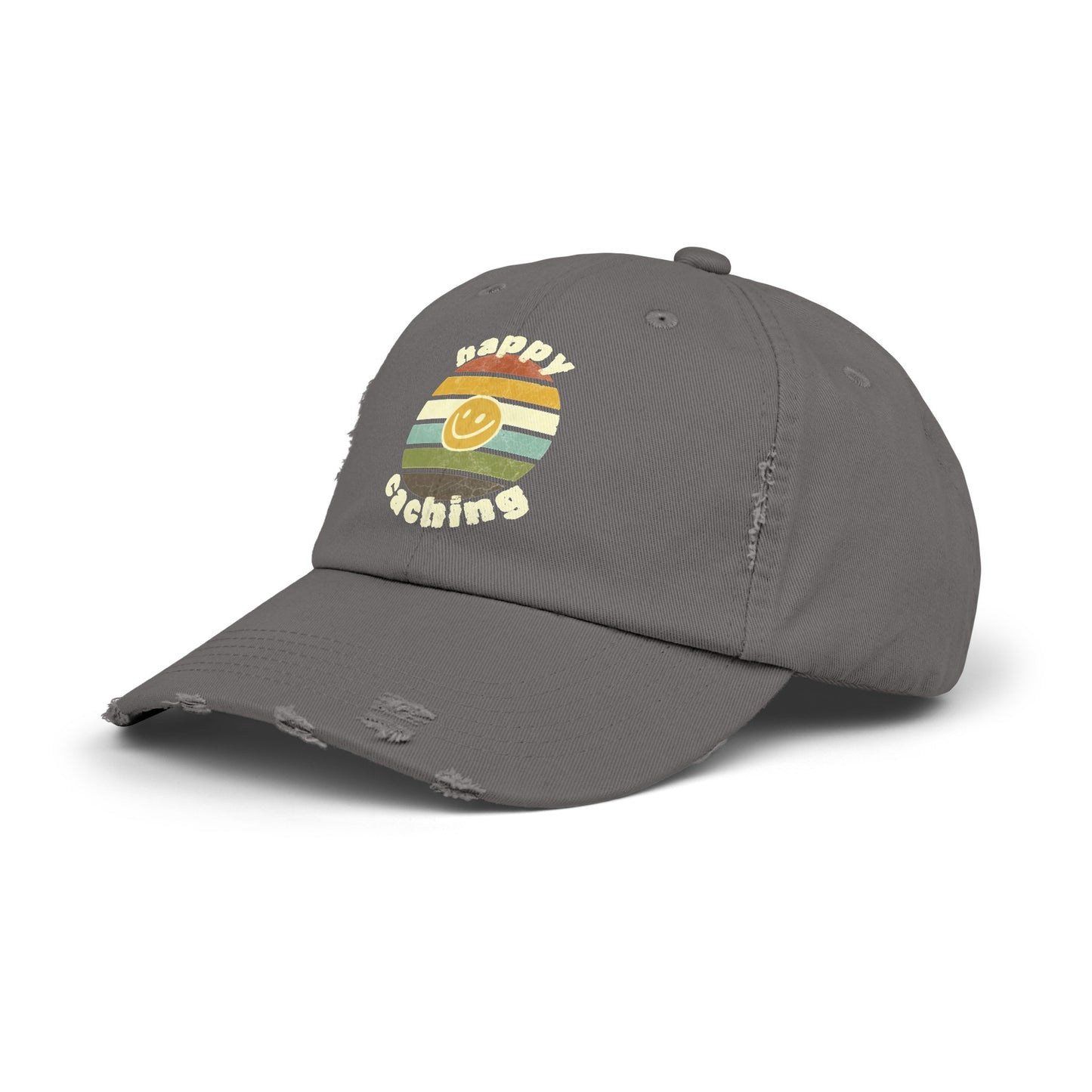 Happy Caching Geocache Distressed Cap, Geocaching Hat, One Size Fits All, Adjustable Distressed Geocache Cap, Geocache Gift