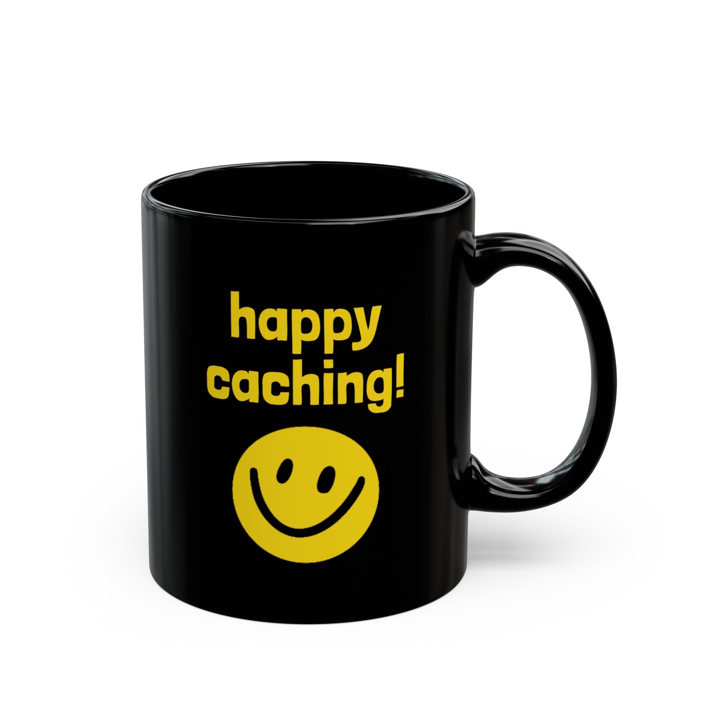 Happy Caching Geocaching Ceramic Mug, (11oz, 15oz) Black, Geocache Gift, Coffee Cup