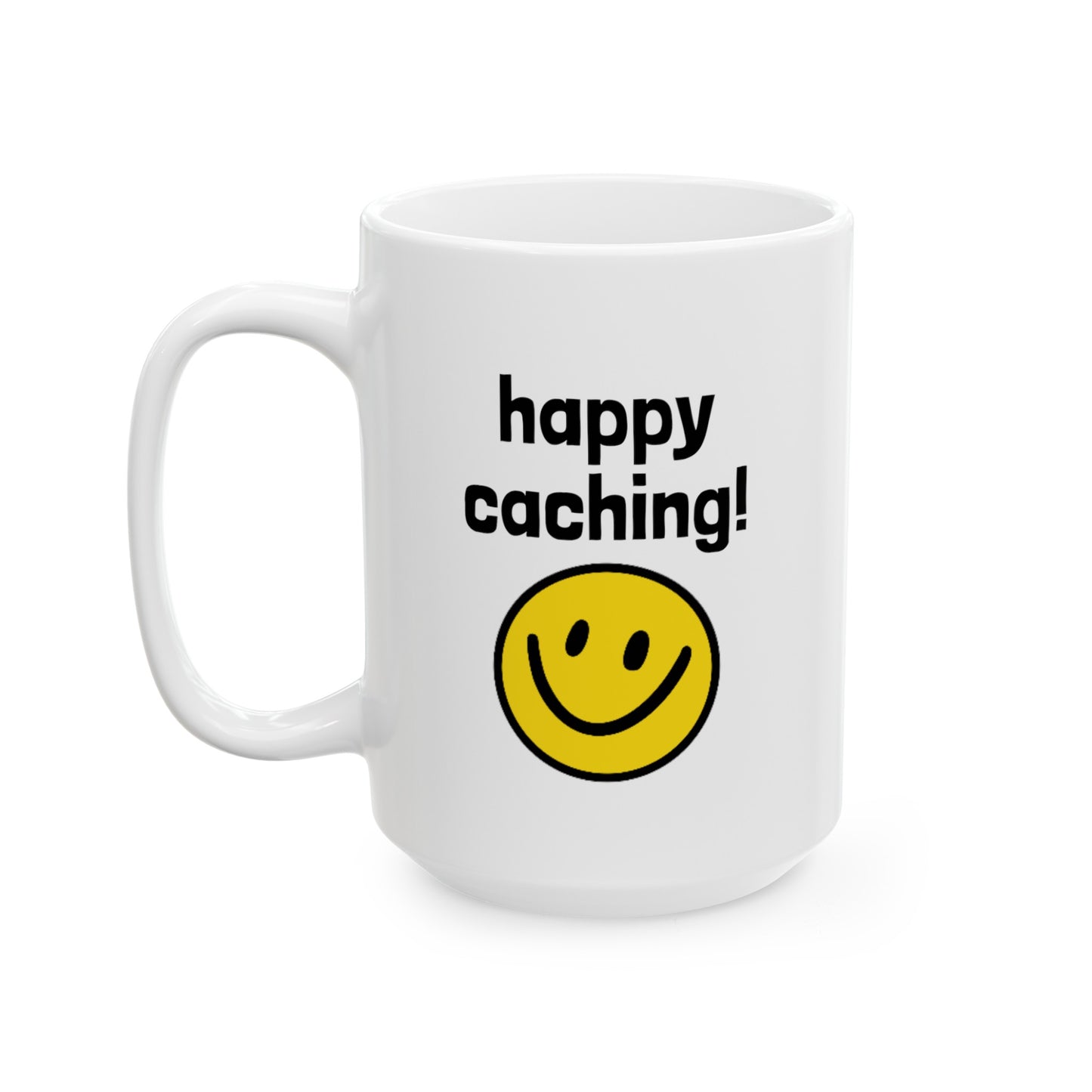 Happy Caching Geocaching Ceramic Mug, (11oz, 15oz) White, Geocache Gift Coffee Cup
