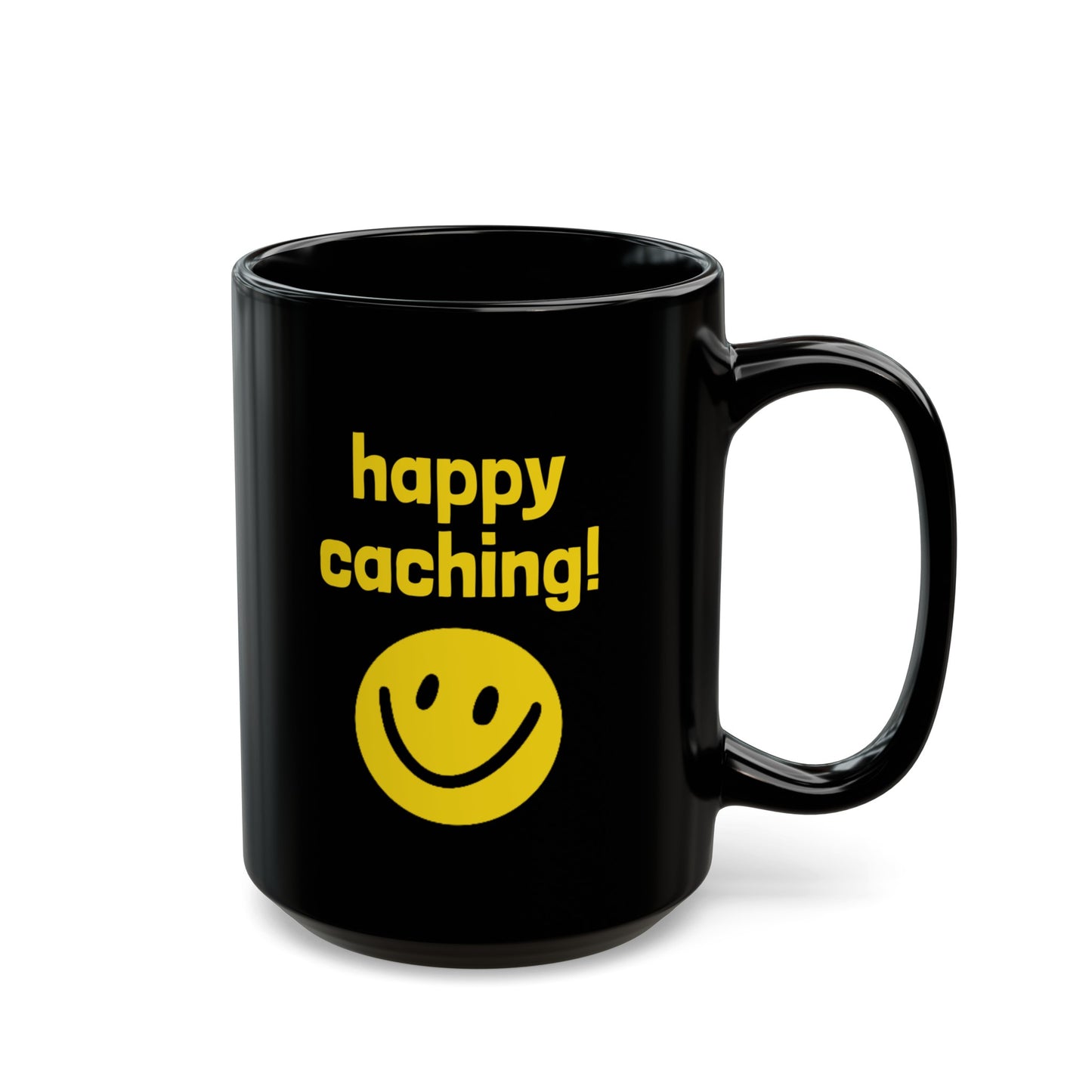 Happy Caching Geocaching Ceramic Mug, (11oz, 15oz) Black, Geocache Gift, Coffee Cup