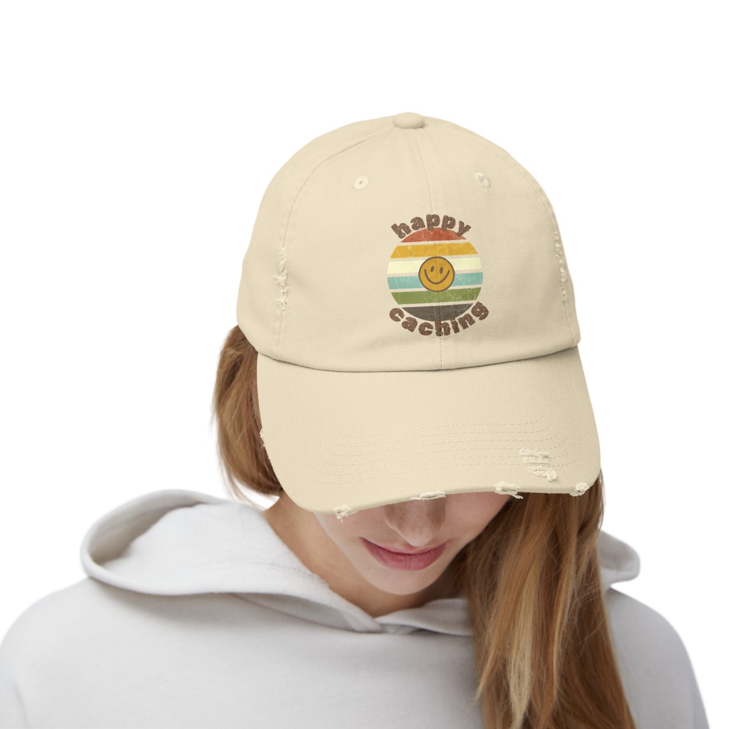 Happy Caching Geocache Distressed Cap, Geocaching Hat, One Size Fits All, Adjustable Distressed Geocache Cap, Geocache Gift