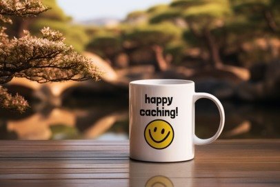 Happy Caching Geocaching Ceramic Mug, (11oz, 15oz) White, Geocache Gift Coffee Cup