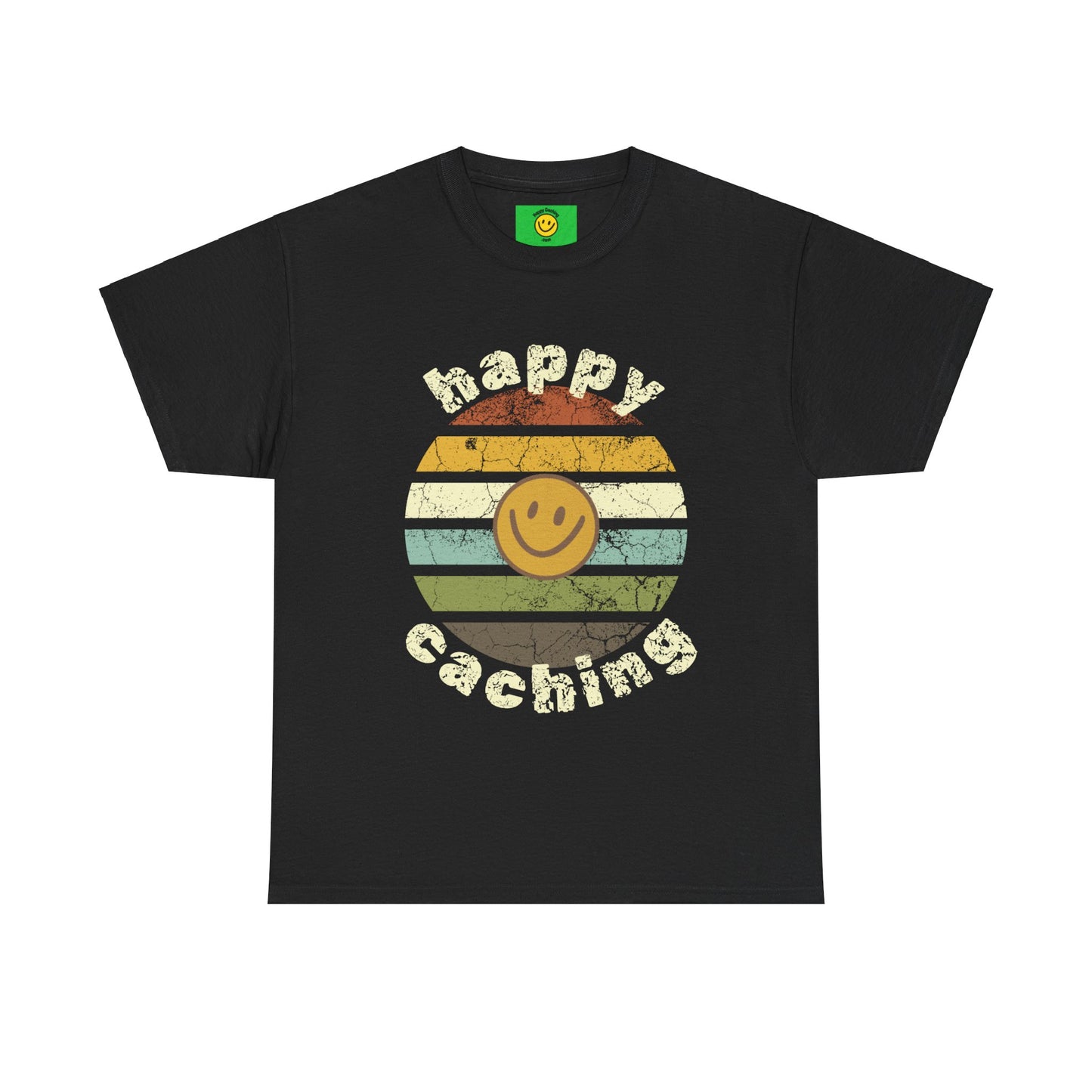 Happy Caching Retro Sunset Geocaching T-shirt, Geocache Tshirt, Unisex Cotton Tee