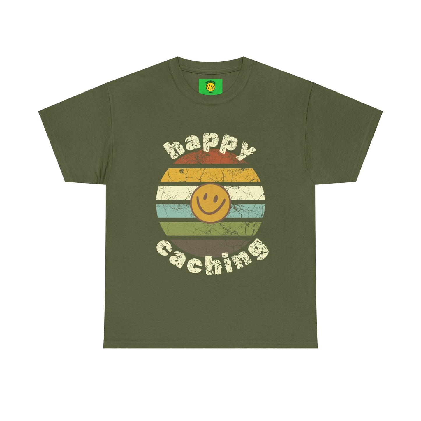 Happy Caching Retro Sunset Geocaching T-shirt, Geocache Tshirt, Unisex Cotton Tee