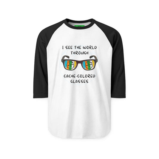 I See The World Through Cache-Colored Glasses, Retro Geocache T-shirt, Adult, Unisex, Funny Geocaching T-shirt, Three Quarter sleeve