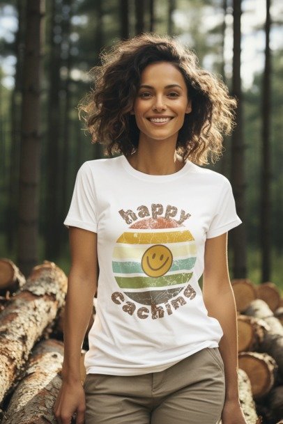 Happy Caching Retro Sunset Geocaching T-shirt, Geocache Tshirt, Unisex Cotton Tee